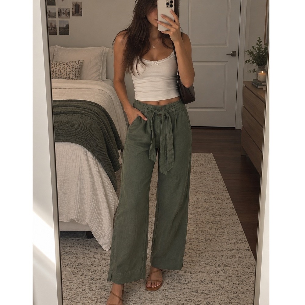 Joie 100% Linen Wide Leg Pants Trousers M Olive Green Belted Waist Resortwear